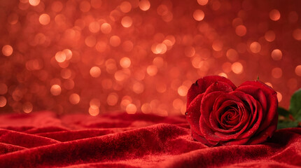 A deep red rose resting on a soft red surface with a glowing background, symbolizing love, romance, passion, and elegant celebration, perfect for Valentine&rsquo;s Day or romantic themes.