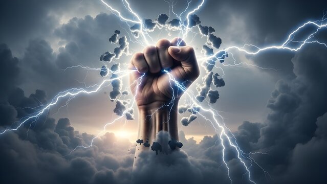 Powerful Clenched Fist with Lightning and Crushing Rocks in Dramatic Sky