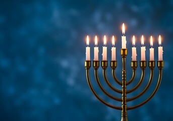 Gold Hanukkah menorah with lit white candles