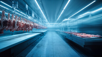 Modern Meat Processing Facility: Suspended Beef and Ham in a Bright, Orderly Industrial Setting