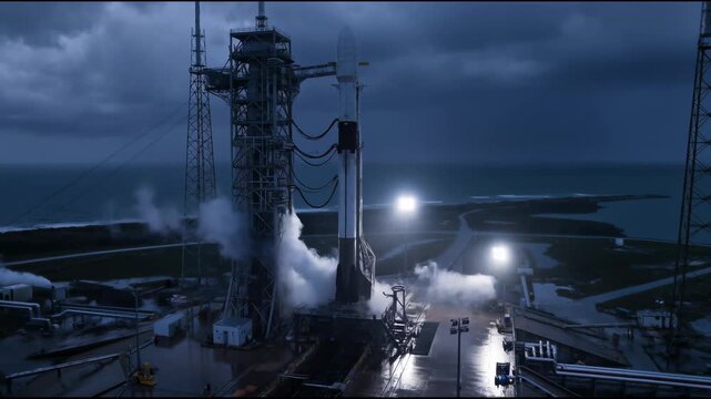 A white space rocket stands on a launchpad by the ocean, releasing clouds of white steam in the floodlights before a night launch
