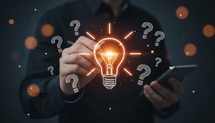 Innovation and problem-solving: Hand drawing a glowing lightbulb emerging from question marks, symbolizing creative ideas, solutions, and inspiration.