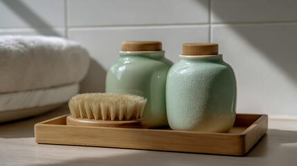 Photo of a wooden tray with two pastel green jars and one brush on a white table in a bathroom, with natural lighting, in a minimalist style