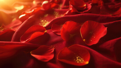 Naklejka premium Closeup of delicate red rose petals with dew drops shining in warm sunlight