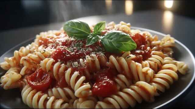 A hot plate of fusilli pasta with thick tomato sauce and fresh basil emits light steam in the rays of warm light