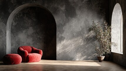 Modern interior with red armchair near window and archway with sunlight