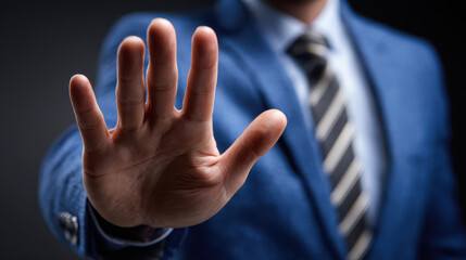 Businessman Showing Stop Gesture with Open Palm in Dark Background - Assertive Communication Concept