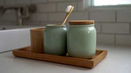Photo of a wooden tray with two pastel green jars and one brush on a white table in a bathroom, with natural lighting, in a minimalist style
