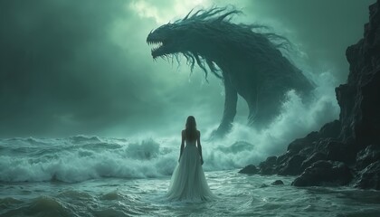 Obraz premium Woman faces colossal sea monster emerging from stormy ocean waves. Dark fantasy scene with mystical atmosphere, dramatic sea rocks and eerie sky. Epic confrontation.