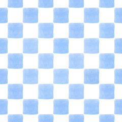 Cute blue pastel checkerboard with rounded squares seamless watercolor pattern