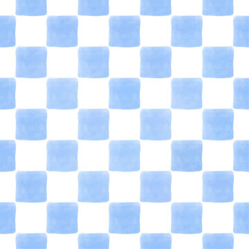 Cute blue pastel checkerboard with rounded squares seamless watercolor pattern