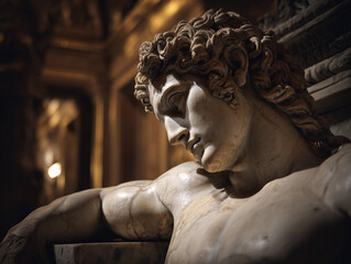 Reclining classical marble male statue amid art museum decor with soft light highlighting textures