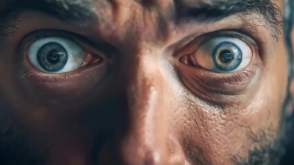 A man's frightened eyes, showing signs of fatigue and redness, signal health problems. Background for medical articles on dry eye syndrome.
