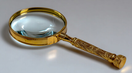 Photo of an antique magnifying glass with a golden handle, on a white background with a white high resolution, no text or words