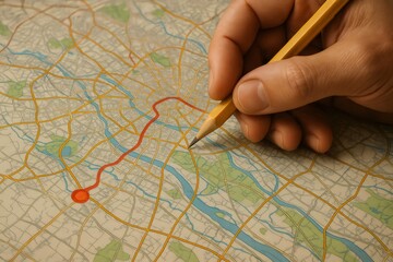 Hand with pencil plotting a red travel route on a detailed city map, showing concepts of navigation and planning