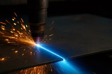 Plasma cutter head performing a precise cut on a dark metal slab. Sparks and intense light radiating from the cutting path