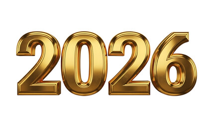 Golden 3D shiny numbers 2026 on white background, futuristic date