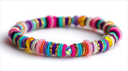 Handmade multicolored beaded bracelets are displayed flat on a white background.