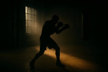 Boxer silhouette training in a dark gym, stepping forward with boxing gloves, creating a powerful and dynamic stance
