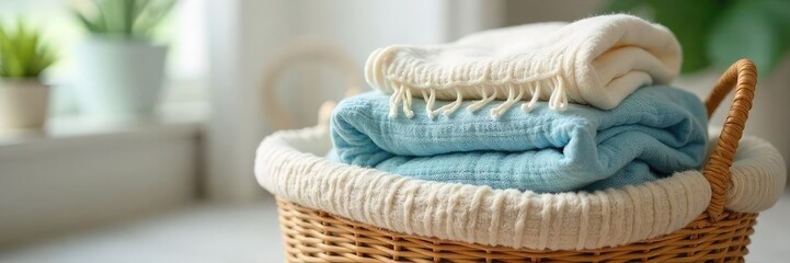 Neatly folded laundry sits in a wicker basket, ready to be put away Soft, textured fabrics in a calming, organized scene Perfect for home organization, cleaning, or lifestyle imagery , beige, green
