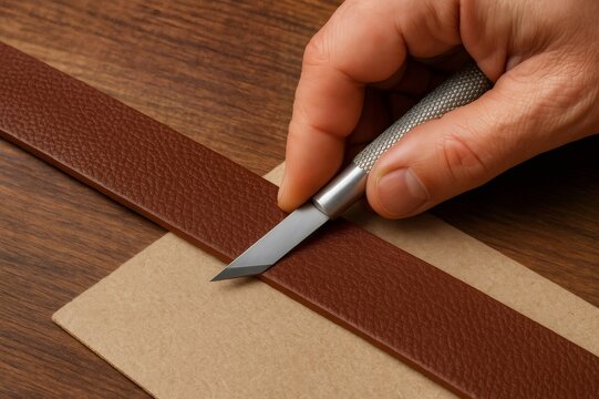 Artisan's hand using a craft knife, cutting a brown leather strip on a wooden surface, highlighting handmade leathercraft - Powered by Adobe