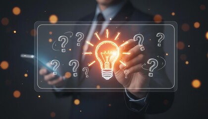 Innovation and problem-solving concept with businessman touching a glowing lightbulb amongst question marks on a virtual interface.