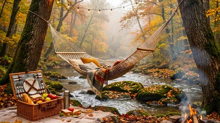 Cozy Autumn Forest Hammock Retreat with Picnic by a Stream.