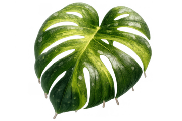 Variegated monstera deliciosa leaf with water droplets isolated on transparent background, showing green and yellow patterns