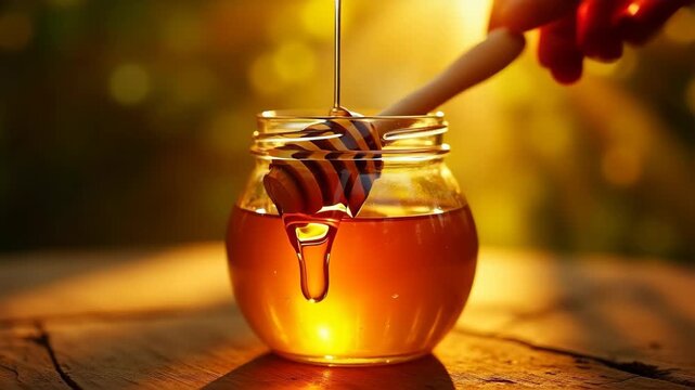 Glass jar of golden honey with wooden dipper,  thick amber liquid catching sunlight, traditional health product,  natural medicine symbolism