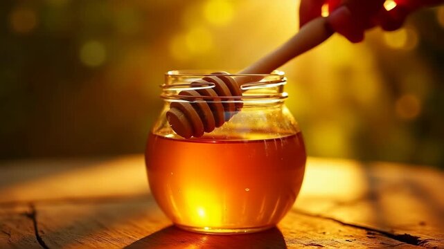Glass jar of golden honey with wooden dipper,  thick amber liquid catching sunlight, traditional health product,  natural medicine symbolism