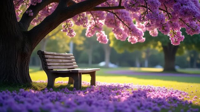 Wooden bench under blooming and waving on the wind jacaranda tree with purple flowers carpeting ground, peaceful Latin American plaza setting