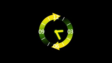 Neon clock face with yellow hands and green-yellow gradient on black background time dial