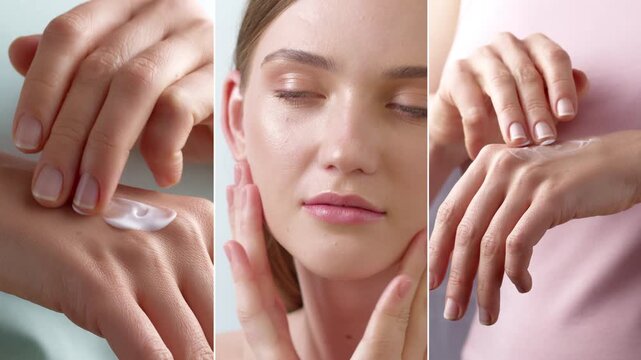 A young woman moisturizes her face and hands with cream. Collage. Concept of beauty products.