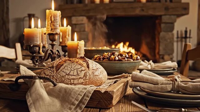 Rustic Dinner Table Setting With Candles And Fireplace Ready For A Festive Meal