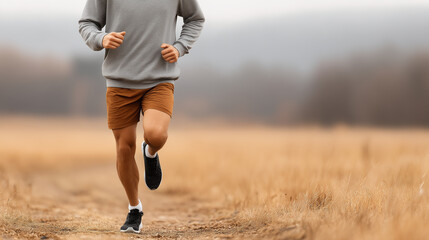 Male athlete lower body running on uneven dirt trail in dry field with autumn grass, energetic motion and outdoor training.