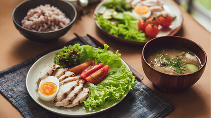 Healthy Japanese Chicken and Rice Set Meal / ヘルシーなチキンとご飯の定食
