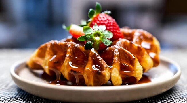Liege Waffle with Caramel Drizzle, Fresh Strawberry and Mint Garnish Close-Up