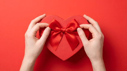 Heart-Shaped Gift Box Held Against Red Background