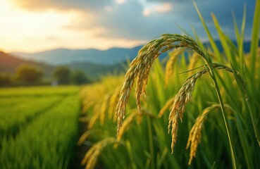 Golden rice stalks bend low in rich field as sun sets over distant mountains. Green stalks surround mature grain, ready for harvest. Agricultural scene offers serene view of nature bounty under warm