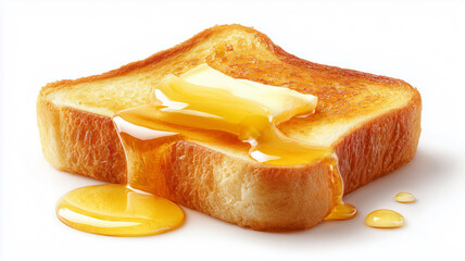 Buttered toast with little drips of melted butter on a white background.