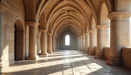 Ancient stone cloister arcade with rounded arches and columns. Sunlight streams through window, casting shadows on tiled floor. Medieval architecture hallway.