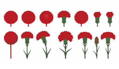 Die cut red carnation flower flat vector set for National Carnation Day isolated on white