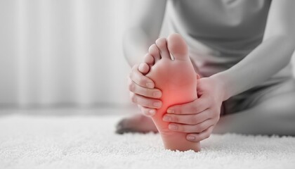 Person experiencing severe foot pain, holding and massaging their sole with a highlighted red area indicating discomfort or injury.