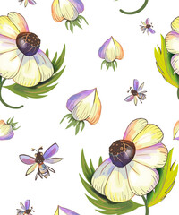 Seamless background with botanical elements such as physalis flowers, daisies, or peonies. Hand-drawn. Vector.