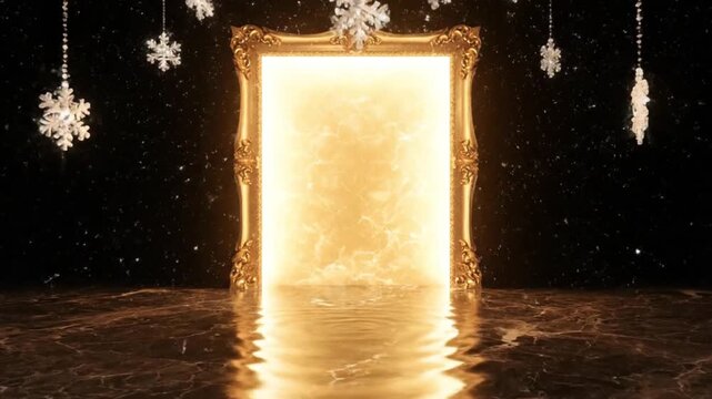 Magical golden frame portal shimmering with bright light, reflecting on a watery surface, surrounded by falling snowflakes, evoking a festive winter fantasy