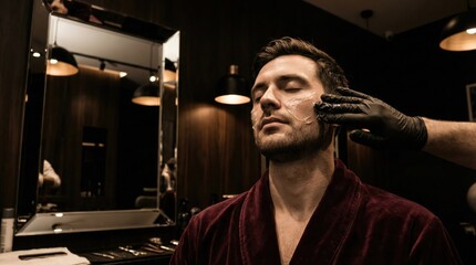 Relaxed man receiving precision beard grooming with gel in luxury salon