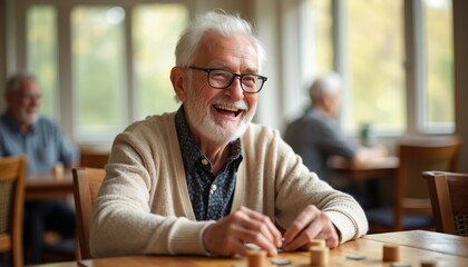 Elderly man laughs while playing strategy board game with people in senior center. Seniors enjoy social activity and mental stimulation for active ageing and well being.