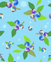 Seamless background with botanical elements. Blueberries with green leaves or branches with blue fruits for blueberry day decor. Vector.