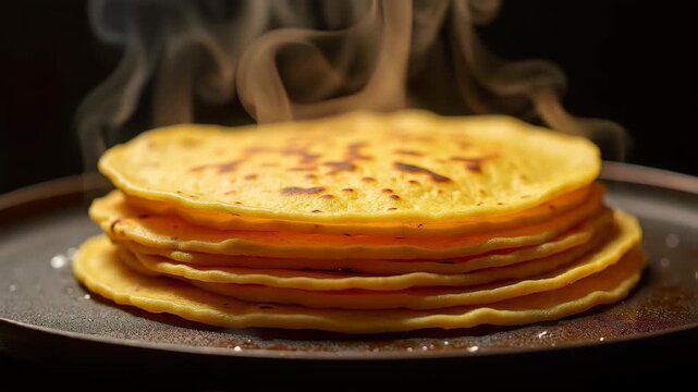 Steaming hot stack of golden brown pancakes freshly cooked on griddle with rising vapor against dark background 