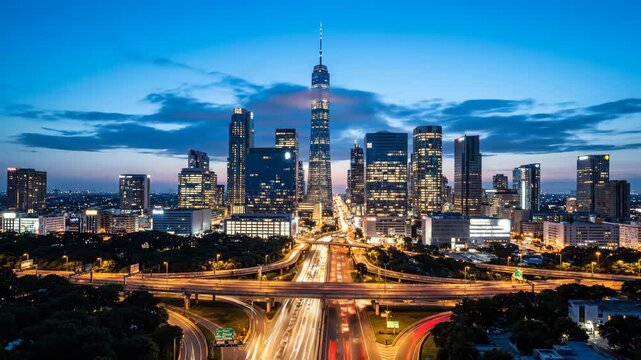 Busy urban traffic light trails streak beneath the illuminated metropolis skyline at deep blue twilight.
